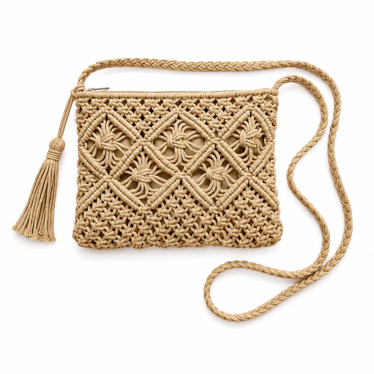 Handmade Macrame Women Fashion Bag Boho Cotton Braided Shoulder bag,macrame sling bag, Zip Closure, Lightweight Design purse, Size 25 width 20 length cm 55 cm Handle Drop color beige-picture-54