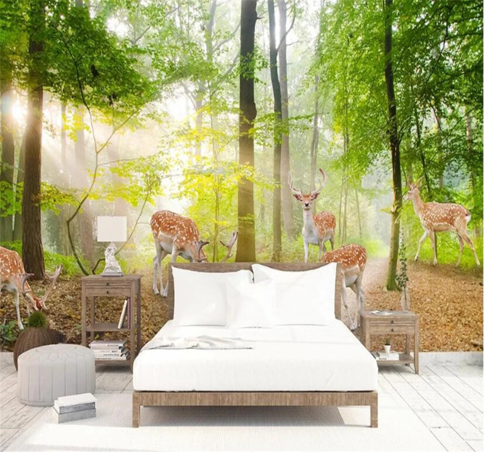 Minimalist Fresh Green Forest Reindeer 3D Wallpaper Easy Install Feature Office Living Room Sofa Bedroom TV Background Wall Decoration-150cm×105cm