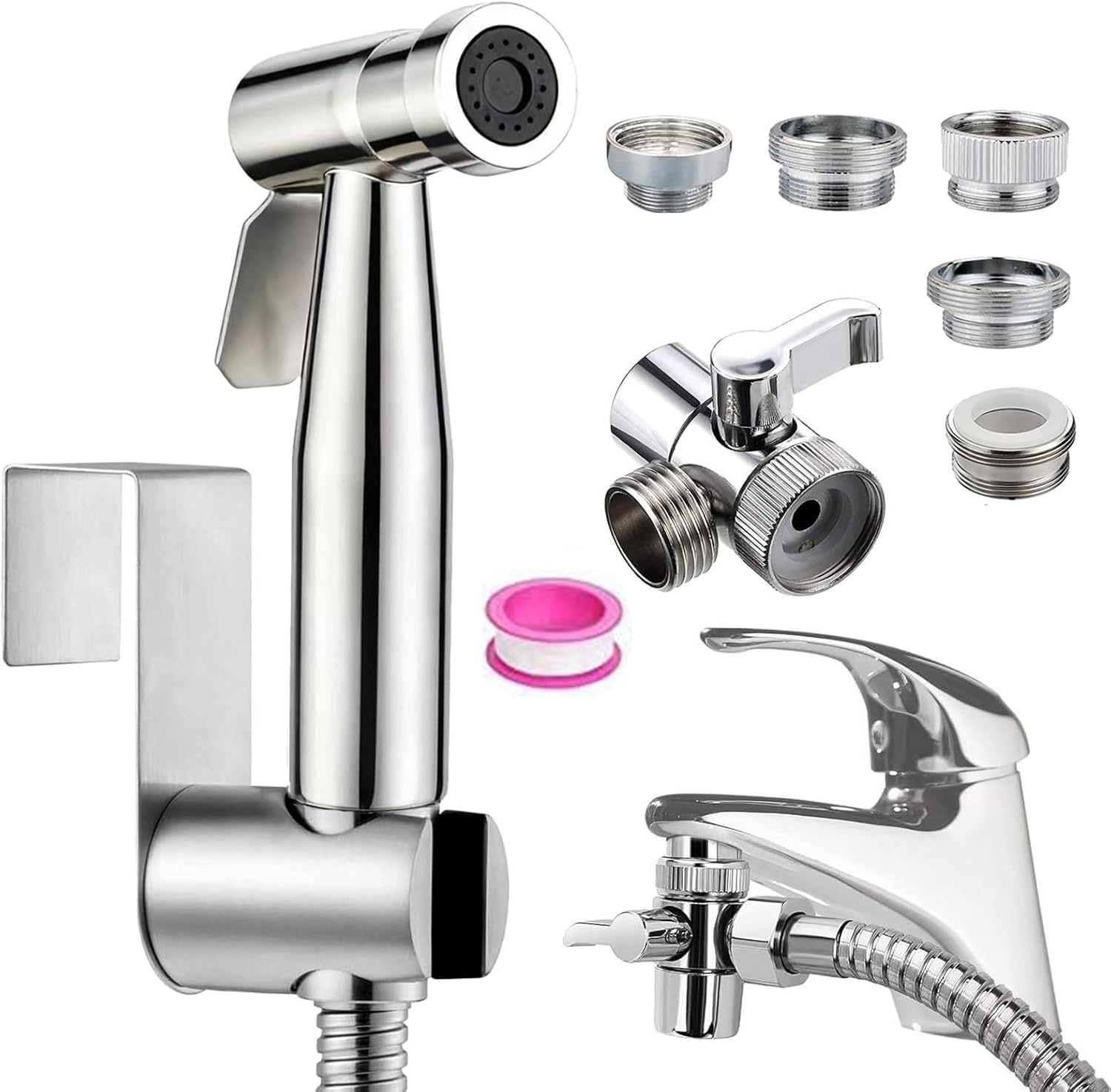 Bidet Stainless Steel Hand Shower Set, Bathroom Bidet Attachment with Faucet Dispenser, 59 inches Hose and Hand Shower Holder