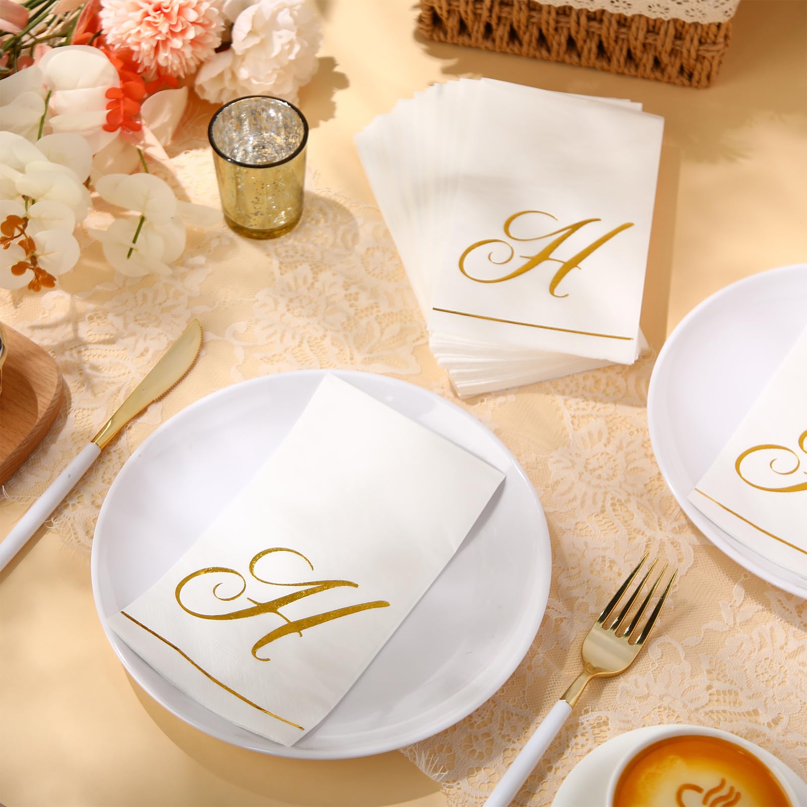 Pasimy 100 servilletas con inicial monograma, servilletas de papel con letras doradas, desechables, elegantes, para boda, despedida de soltera, vacaciones, fiesta de cumpleaños, decoración de vajilla