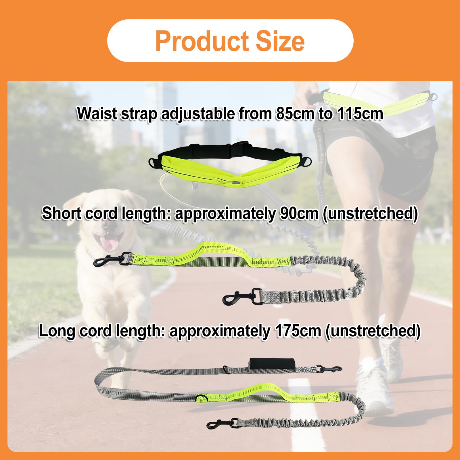 Smycz dla dwóch psów z odblaskowymi szwami i regulowanym paskiem | do biegania dla psa 85 cm - 115 cm, obracana o 360°, smycz do biegania, wędrówek, zielona, fluorescencyjna