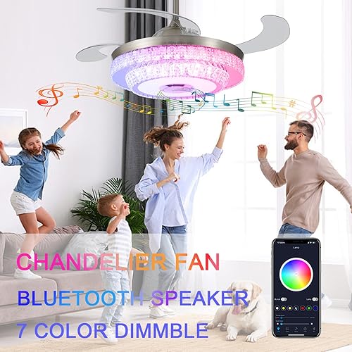 Miniatura 4 de mfanchan Fandelier de 42 pulgadas con altavoz Bluetooth, candelabro con ventilador, ventiladores de techo de cristal inteligentes con luces y