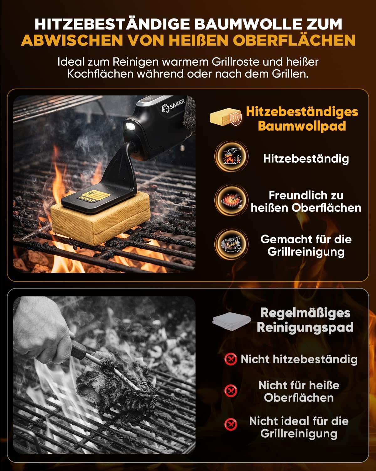 Saker Elektrische Grillbürste, Bürstenfreier BBQ-Reiniger mit Feuerbeständigem Pad, Kabelloser Grillreiniger für Holzkohle-, Pellet- und Flachgrills