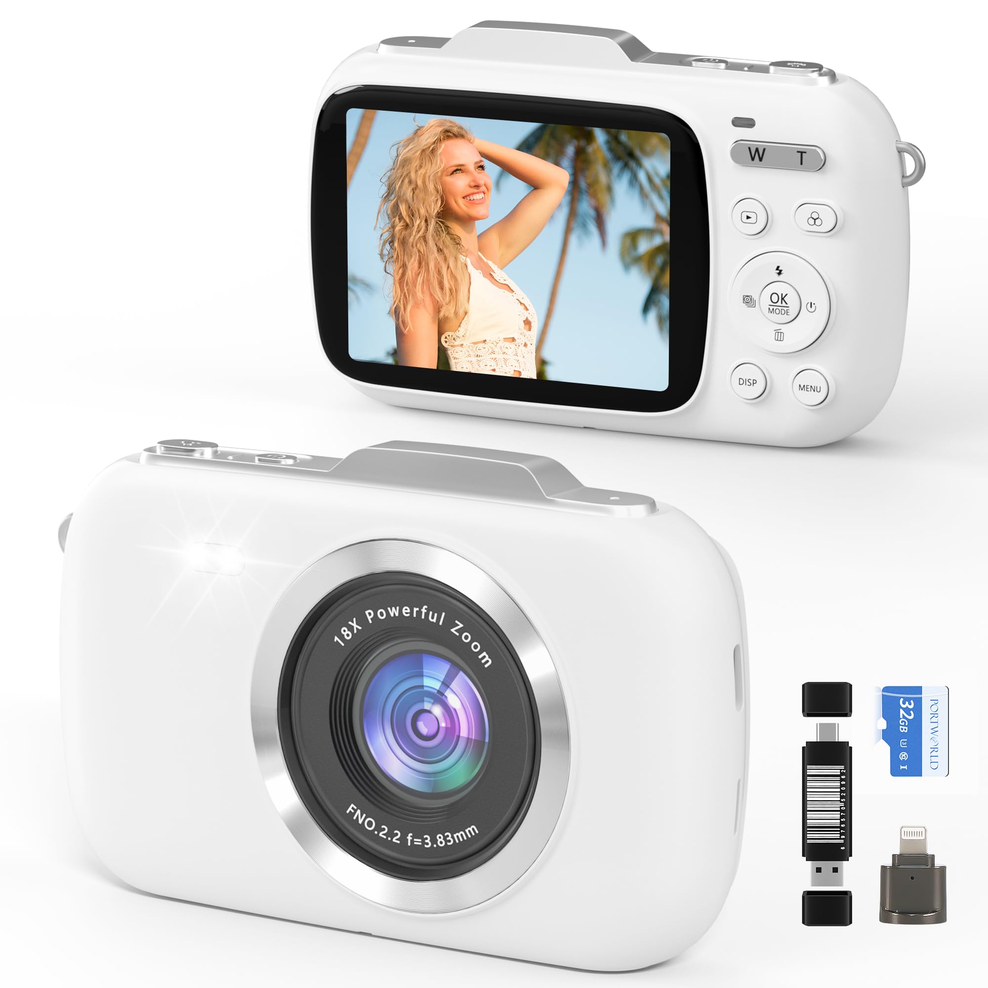 GWAEPU 4K Digital Cameras for Vlogging: 64MP Point and Shoot Compact Small Travel Camera - 18X Zoom 32G TF Card & 2.8-inch Screen for Kids Beginners Teens Adults Girls White-image-2