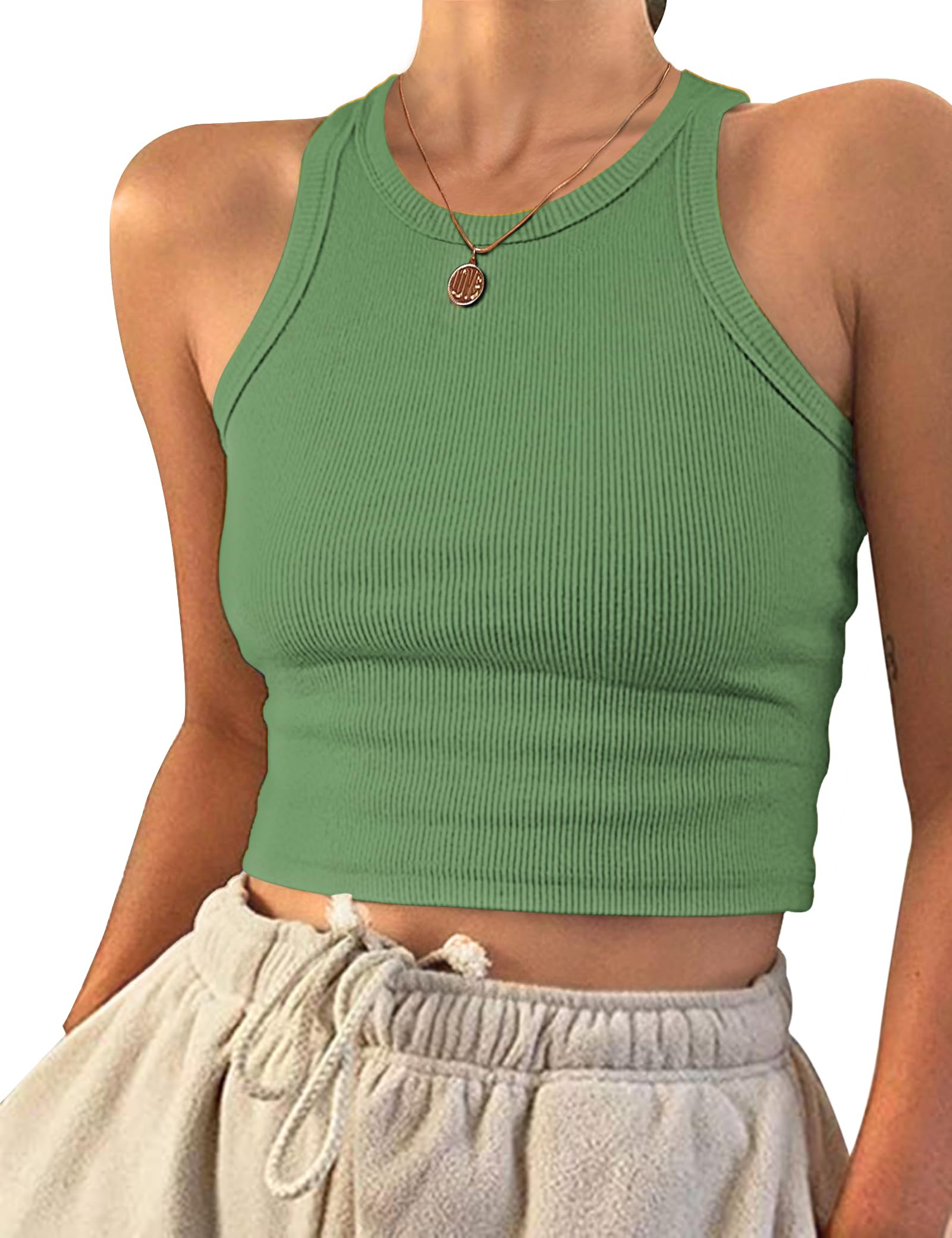 PLOKNRD Womens Tops Ladies Crop Tank Top Vests Summer Basic Clothing Army Green M
