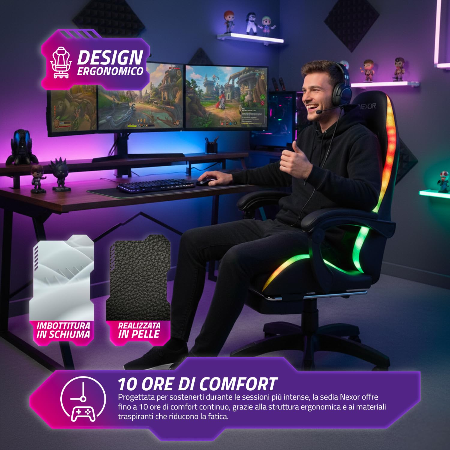 Wintem – – Sedia Gaming con Poggiapiedi Estraibile, Doppio Cuscino e Luci LED RGB USB per Comfort Totale e Design Futuristico Ideale per Gioco, Studio e Ufficio