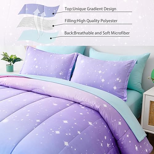 Miniatura 5 de Drucon Juego de edredón arcoíris para niñas, 7 piezas de cama en una bolsa, tamaño Queen, juego de ropa de cama de microfibra ultrasuave (1 edredón,