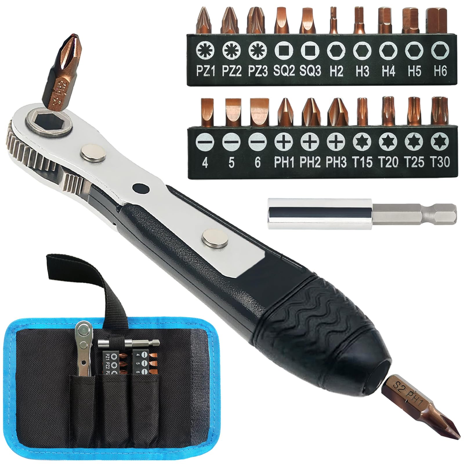 Chiave a cricchetto magnetica, mini cacciavite a cricchetto con Phillips, a taglio, Torx, esagonale, quadrato, Pozidriv per auto, biciclette, casa, fai da te(36-denti)