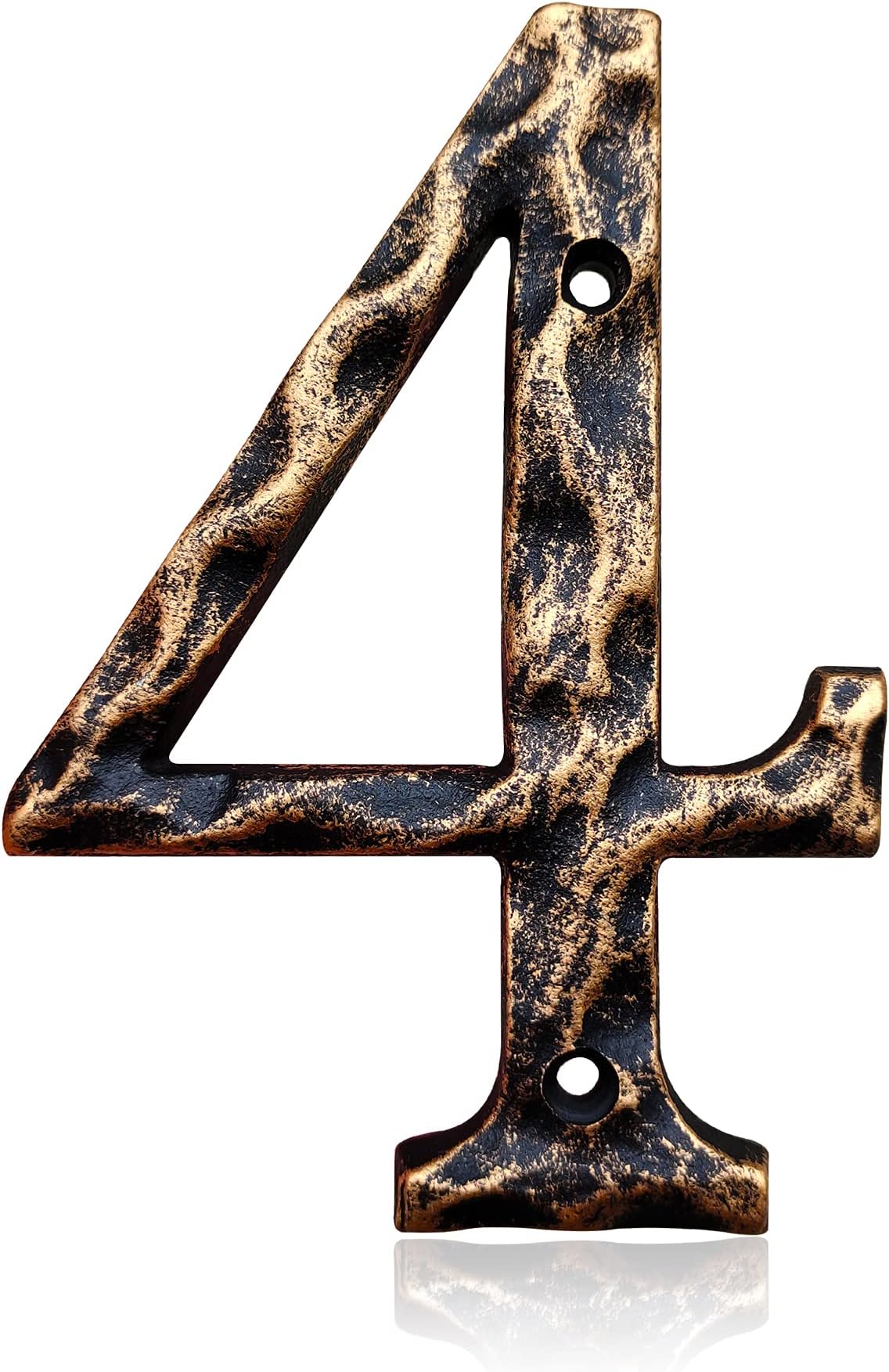 5.5 Inch House Numbers & Letters, Highly Visible Cast Iron Metal Home Address Number for Street Office Mailbox, Antique Brass (Number 4)