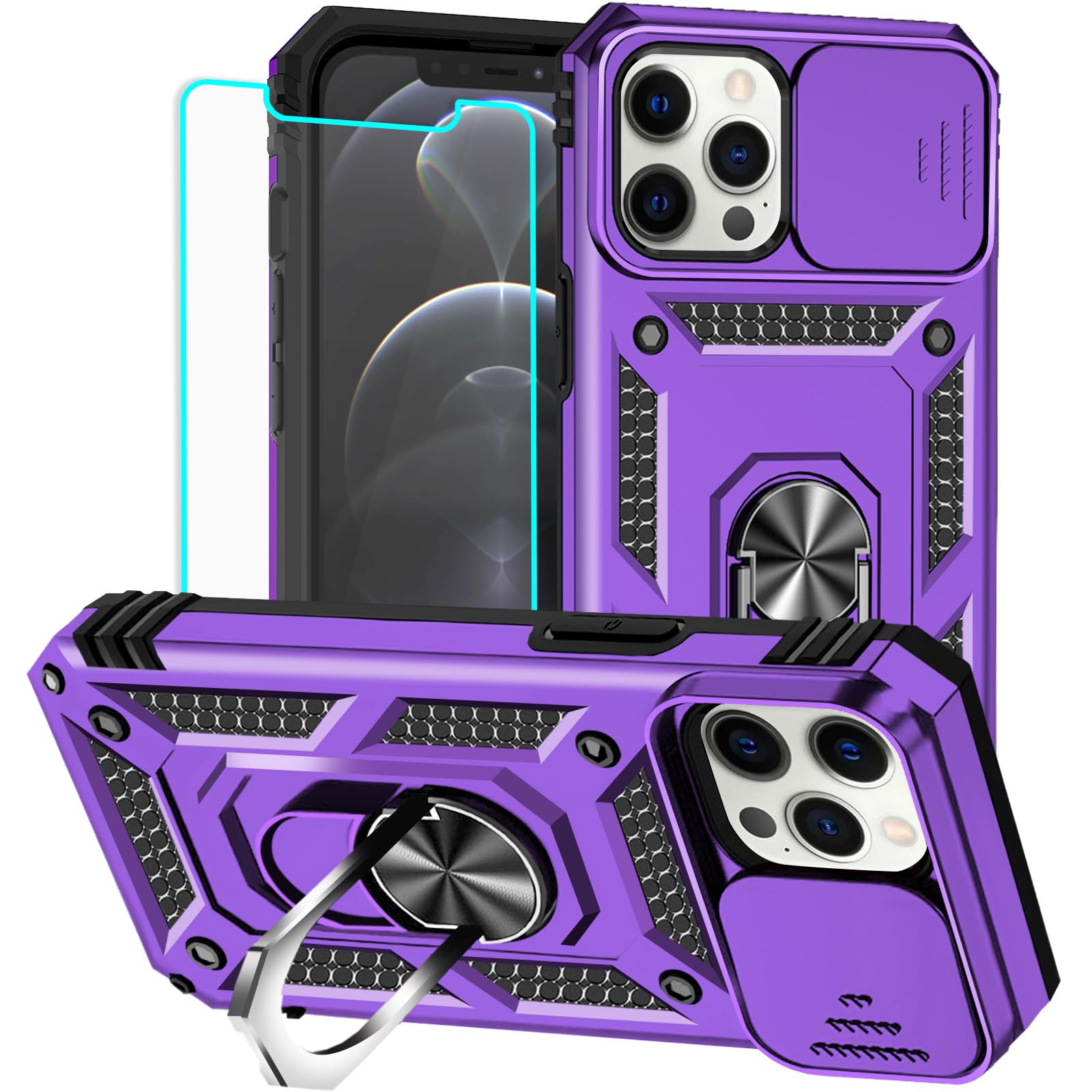 HNHYGETE for iPhone 12 Pro Max Case with Screen Protector: [Military Grade 20ft. Drop Tested] Slide Camera Cover Ring Shockproof Protective Phone Case for - iPhone 12 Pro Max (Purple)