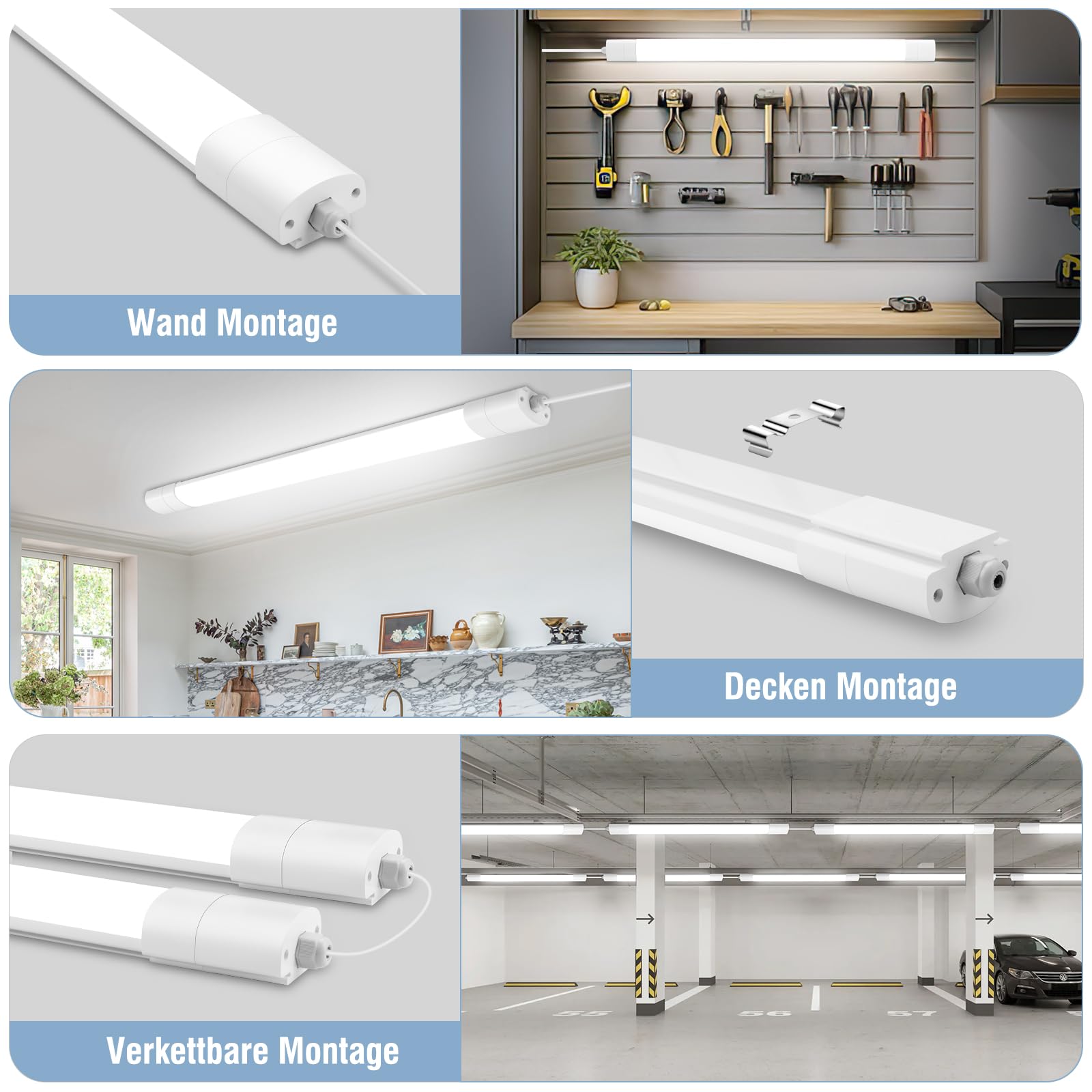4 luci LED per ambienti umidi, 150 cm, tubo LED 45 W, 5000 lm, IP65, impermeabile, per ambienti umidi, per cantina, officina, garage, cucina, bagno, ufficio, bianco neutro, 4000 K