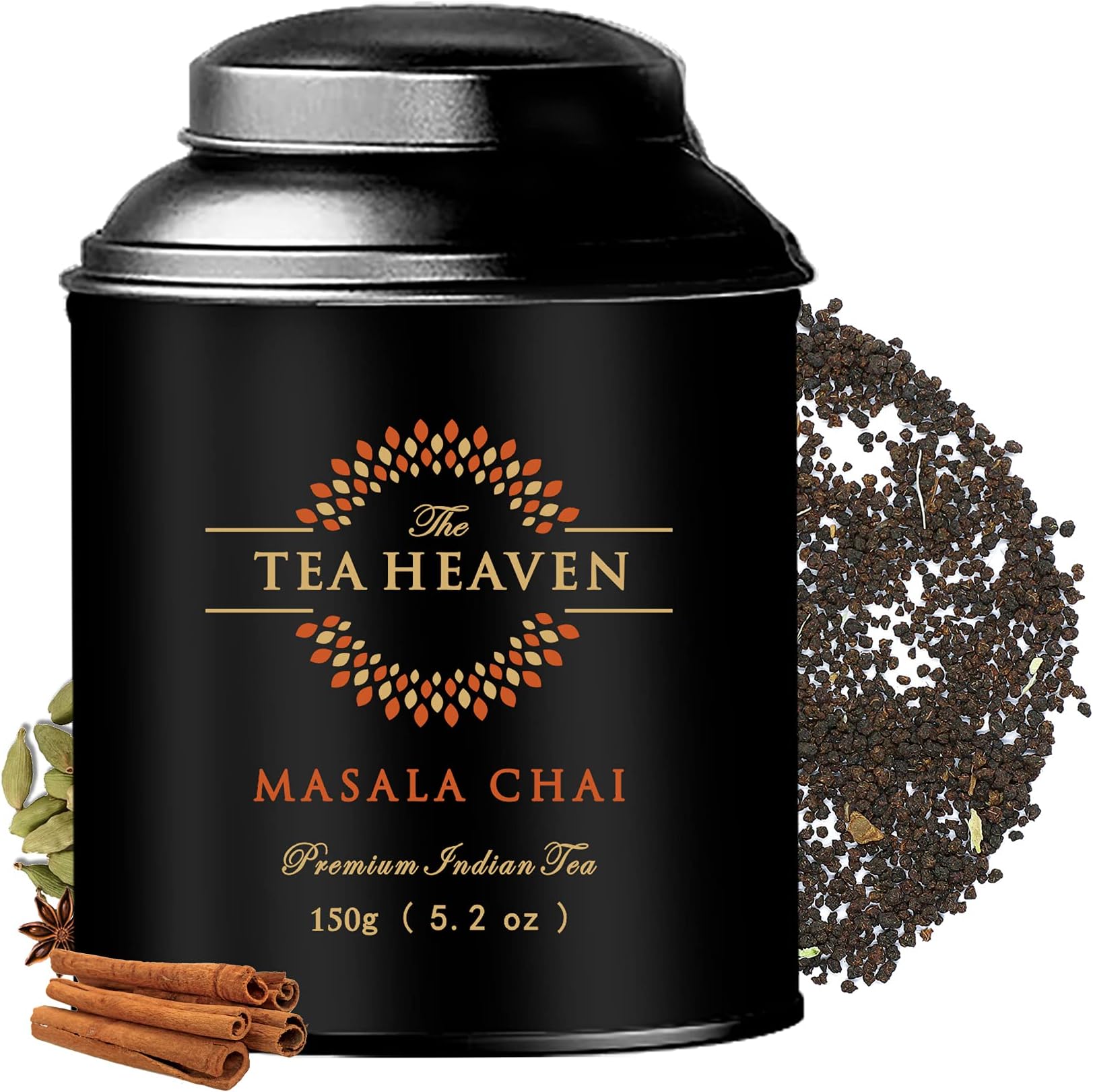 The Tea Heaven|Tea Gift-Masala Chai Whole Leaf Tea 150 Grams 50 Cups|Ginger Cardamom Cinnamon Cloves Star Anise Black Pepper|Double Lid Moisture Proof Container (Black Moisture Proof Container)