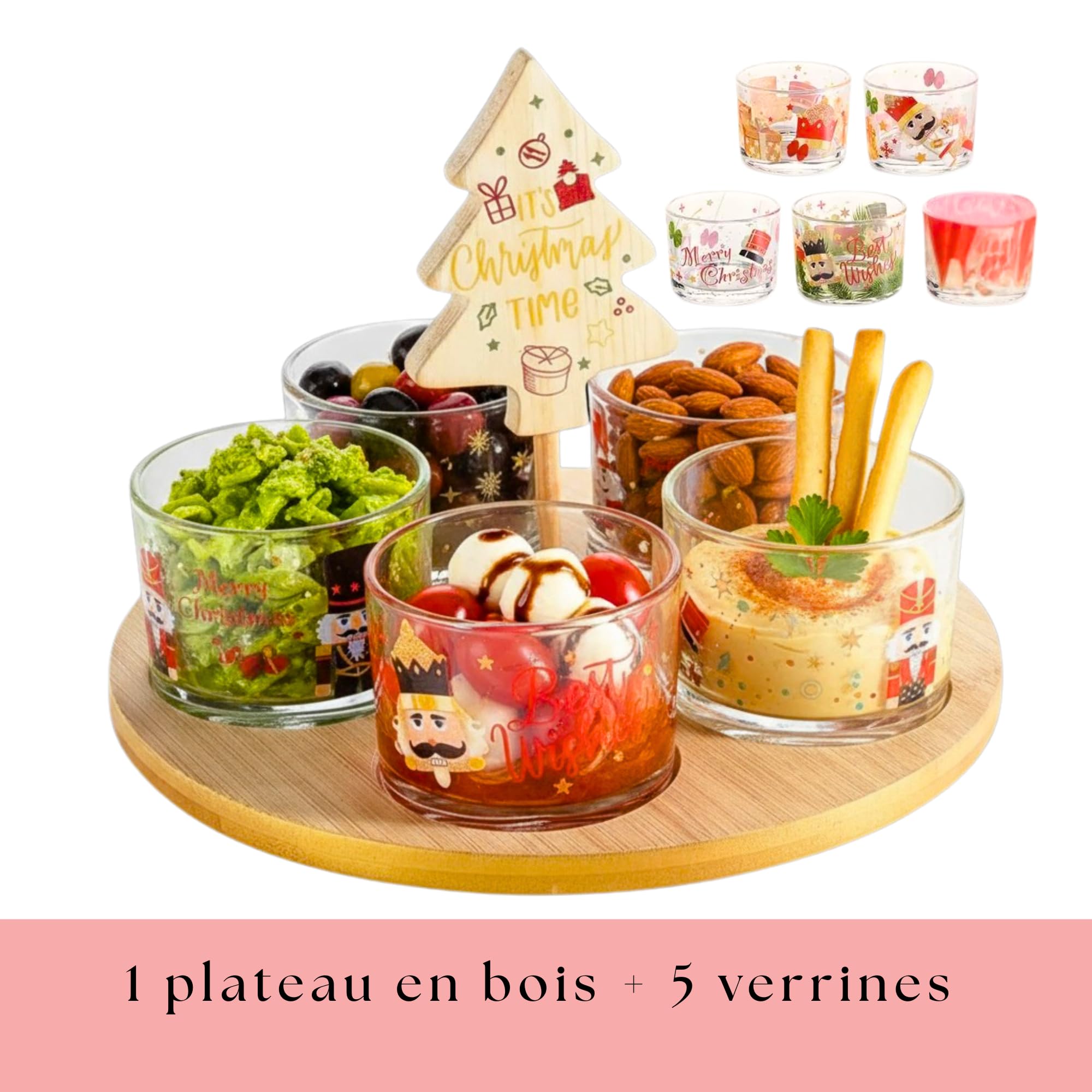 Plat Apéritif de Noël avec 5 Verres Décoratifs et Sapin en Bois – Set Apéritif Chic Motif Casse-Noisette – Vaisselle de Noël - Service Apéro Festif et Idée Cadeau