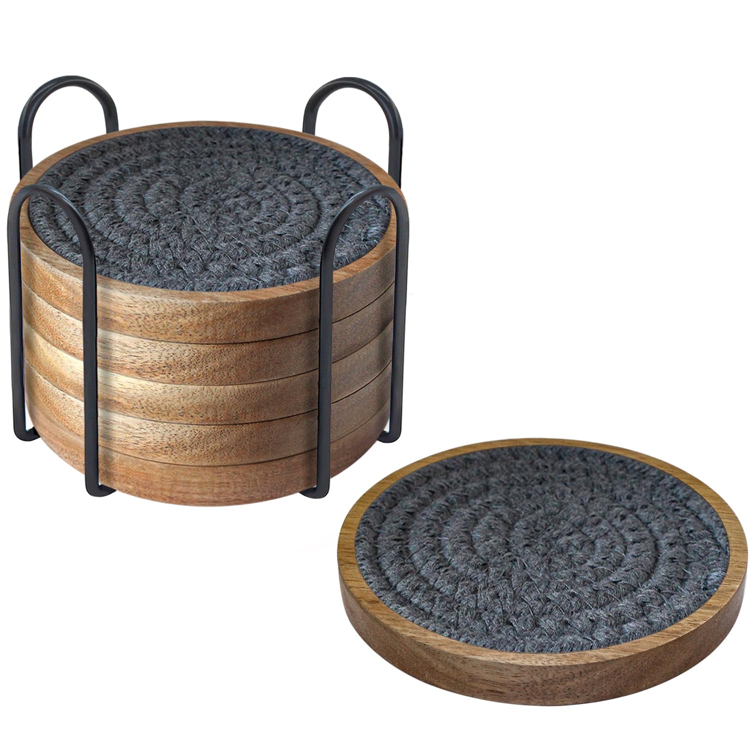 Eykao 6 Pack Coasters for Drinks Absorbent, 4.3 inches Cork Coasters for Coffee Tables, Wooden Drink Coasters for Table Protection, Cute Coasters for Kitchen, Farmhouse, Bar, and Office (Dark Gray)