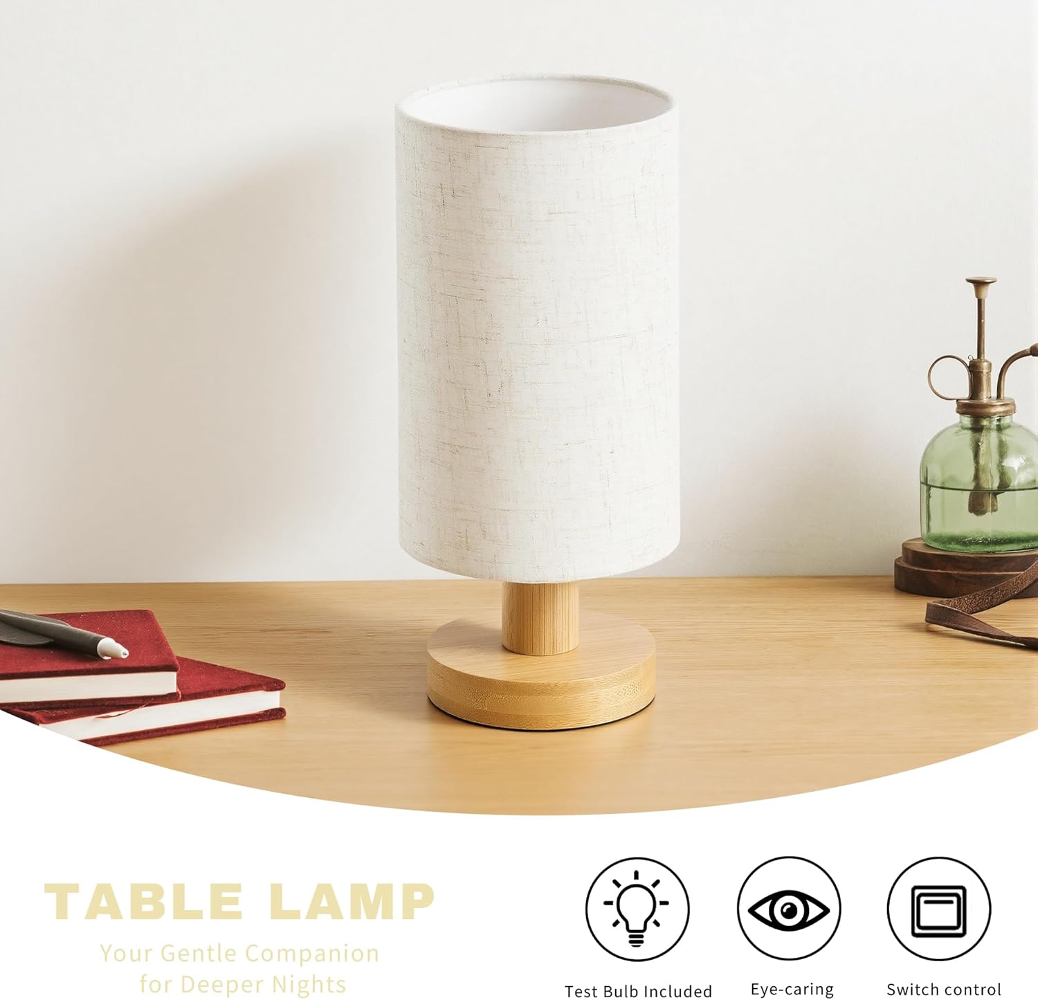 Bedside Lamps Set of 2, Small Bamboo Table Lamps for Bedroom, Minimalist Nightstand Lamps with Linen Shade, Modern Desk Lamp for Living Room, Study, Dorm (LED Bulbs Included)
