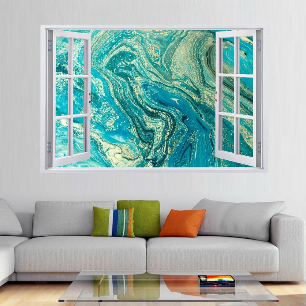 Sticker Mural 3D Amovible Marbre Décoration Murale Plancher Plafond Brisé Décalque Art Décoration Lignes Vertes Pour Salle De Bain Chambre Salon Salle De Jeux Murale 120x80cm