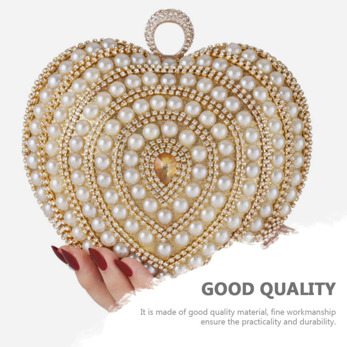 Pochette Donna Piccola Elegante a Forma di Cuore in Poliestere e Metallo Oro per Party Serale e Cerimonie di Classe
