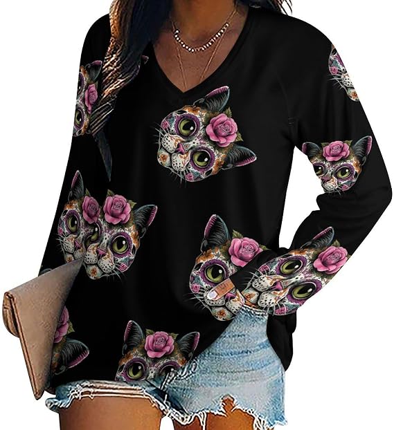 Sugar Skull Cat Womens Shirts V Neck Loose Fit Tops 5XL