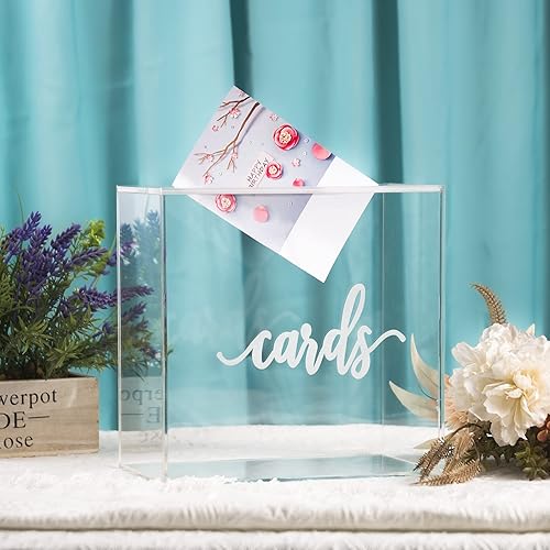 Miniatura 4 de WHSLILR Caja de tarjetas de acrílico de 10 pulgadas  Caja de tarjetas de boda para recepción, cumpleaños, fiesta, caja de dinero, deseos, fiesta de