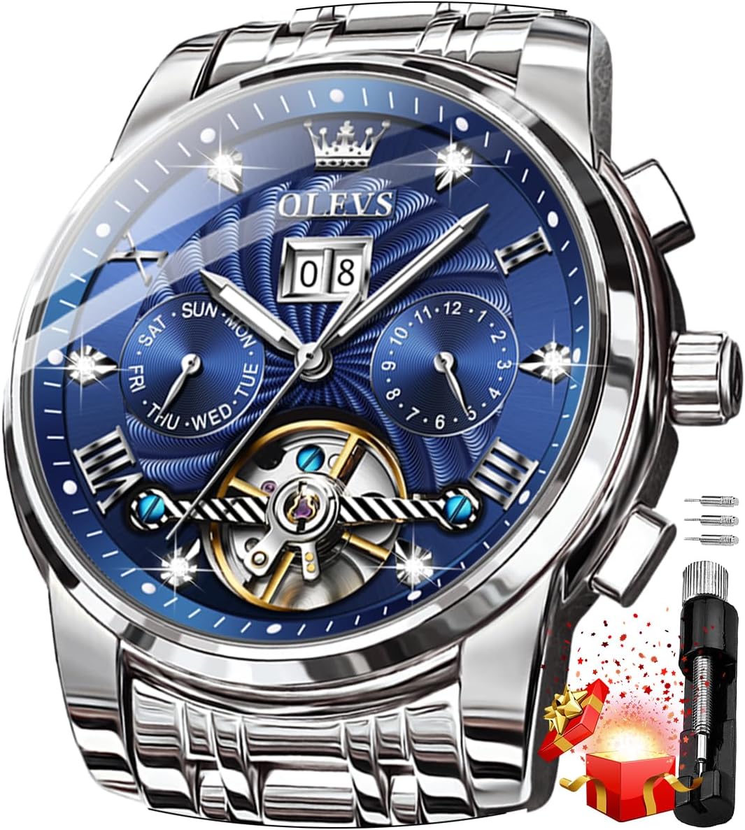 OLEVS Mens Automatic Watches Gold Skeleton Tourbillon Self Winding Mechanical Stainless Steel Waterproof Dress Wristwatch