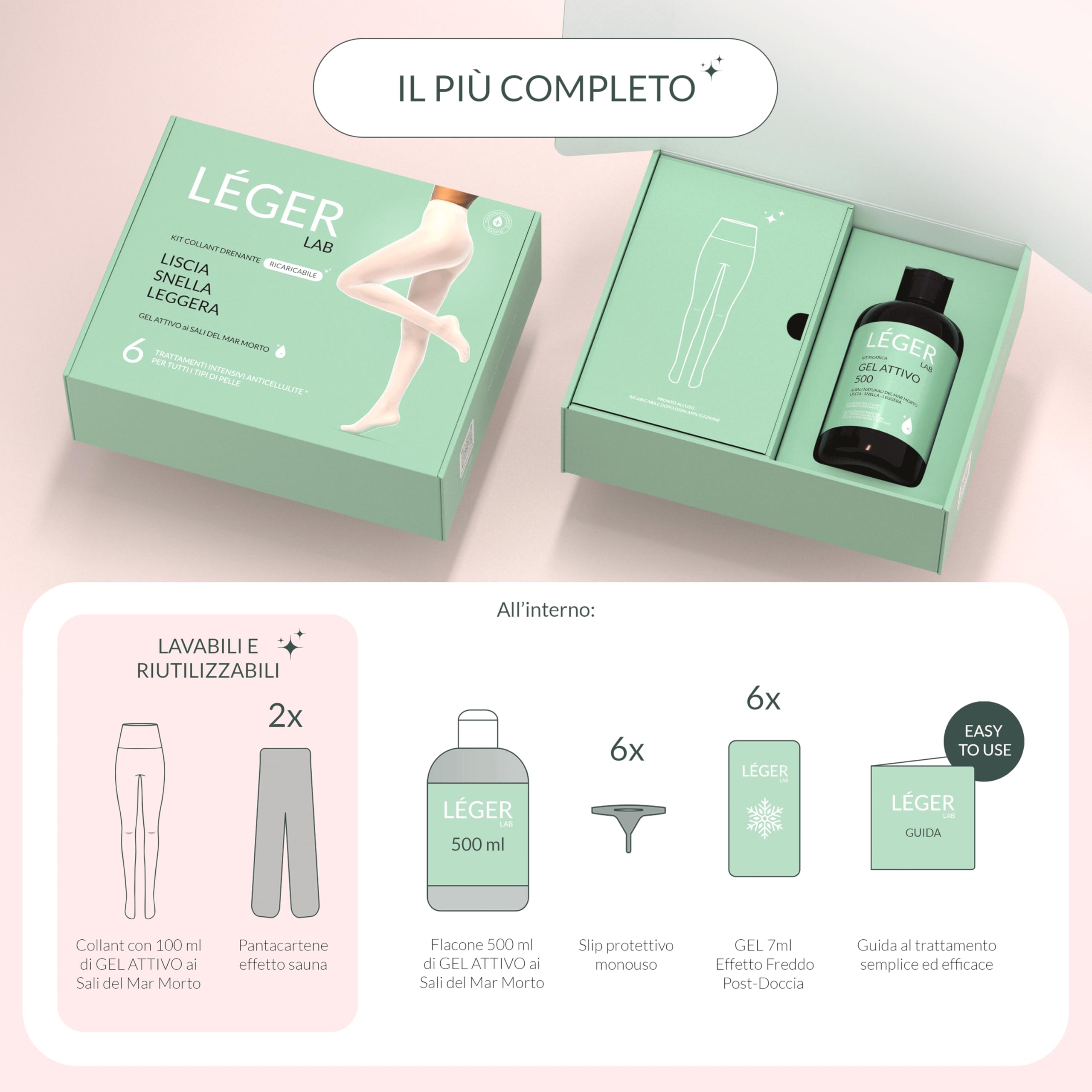 Collant Bende Drenanti Anticellulite Ricaricabili 6 Trattamenti | Migliori dei bendaggi | Gel ai Sali del Mar Morto | Leggings Snellente e Drenante Gambe 98% ingredienti naturali | LÉGER LAB