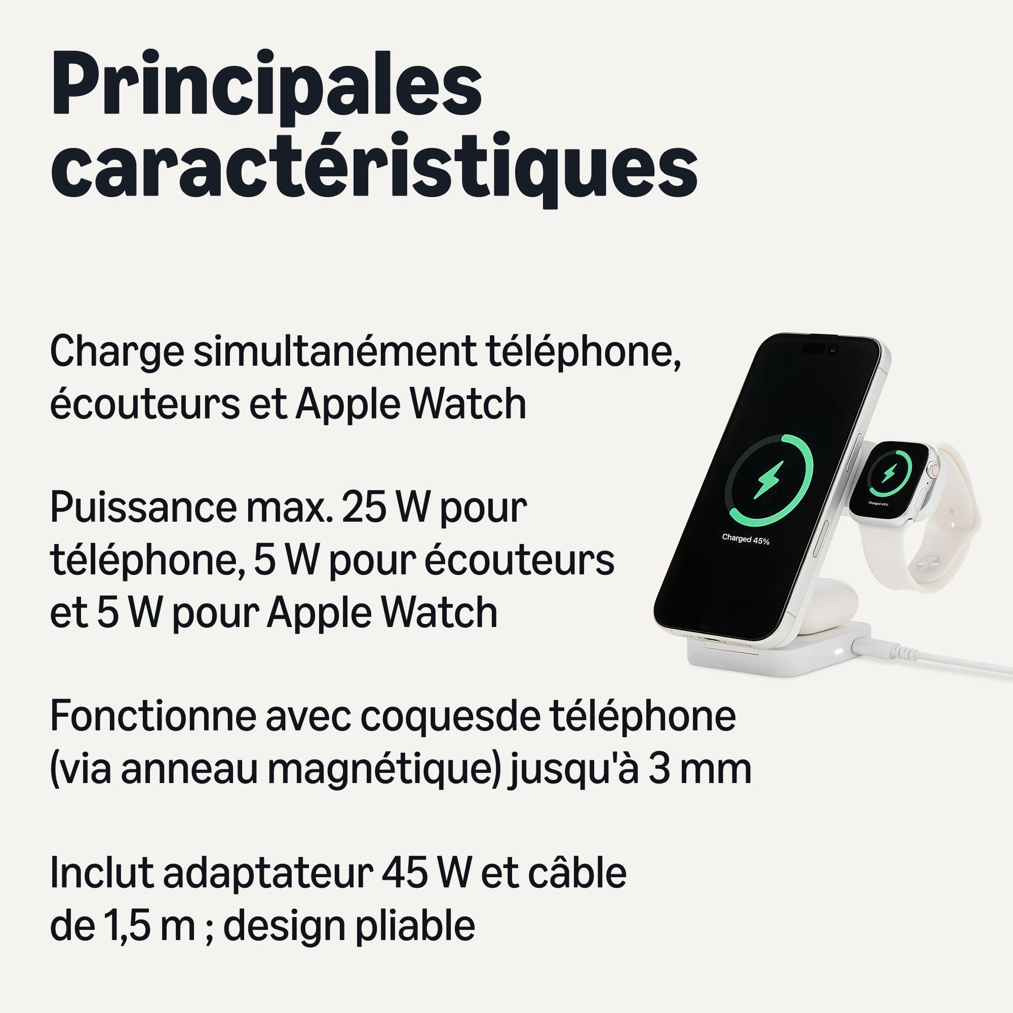Amazon Basics Station de Recharge sans Fil 3 en 1 25 W certifiée Qi2.2, Support Pliable Compatible MagSafe pour iPhone 17/16/15/14/13/12, Apple Watch, AirPods, avec Adaptateur 45 W, Blanc