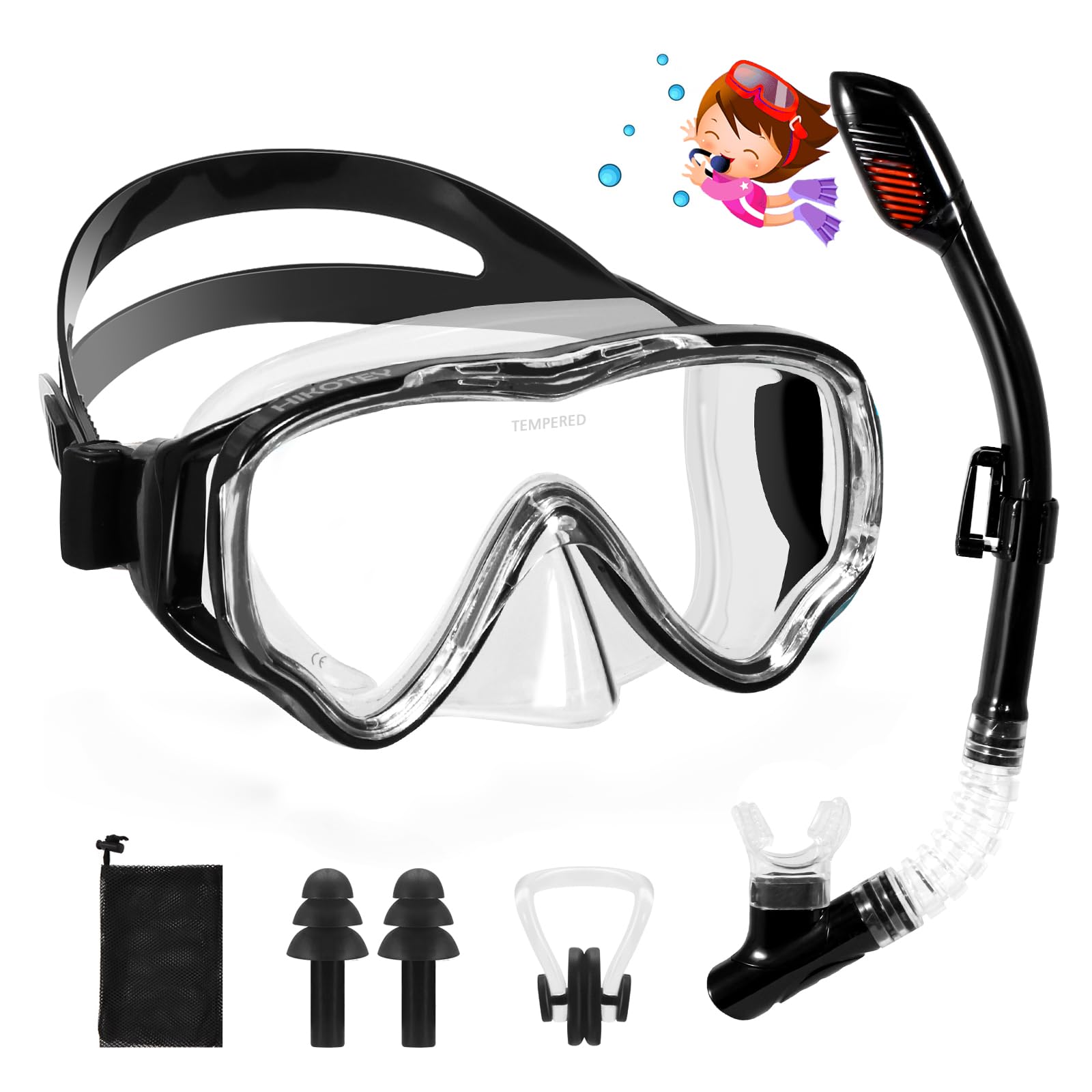 HIKOTEY Children's Snorkel Set,Panoramic Wide View Diving Mask,Snorkeling Gear Anti-Leak and Anti-Fog Tempered Glass Lens,Dry Snorkel Tube,Includes Earplugs and Nose Clip for Age 4-16 Years(Black)