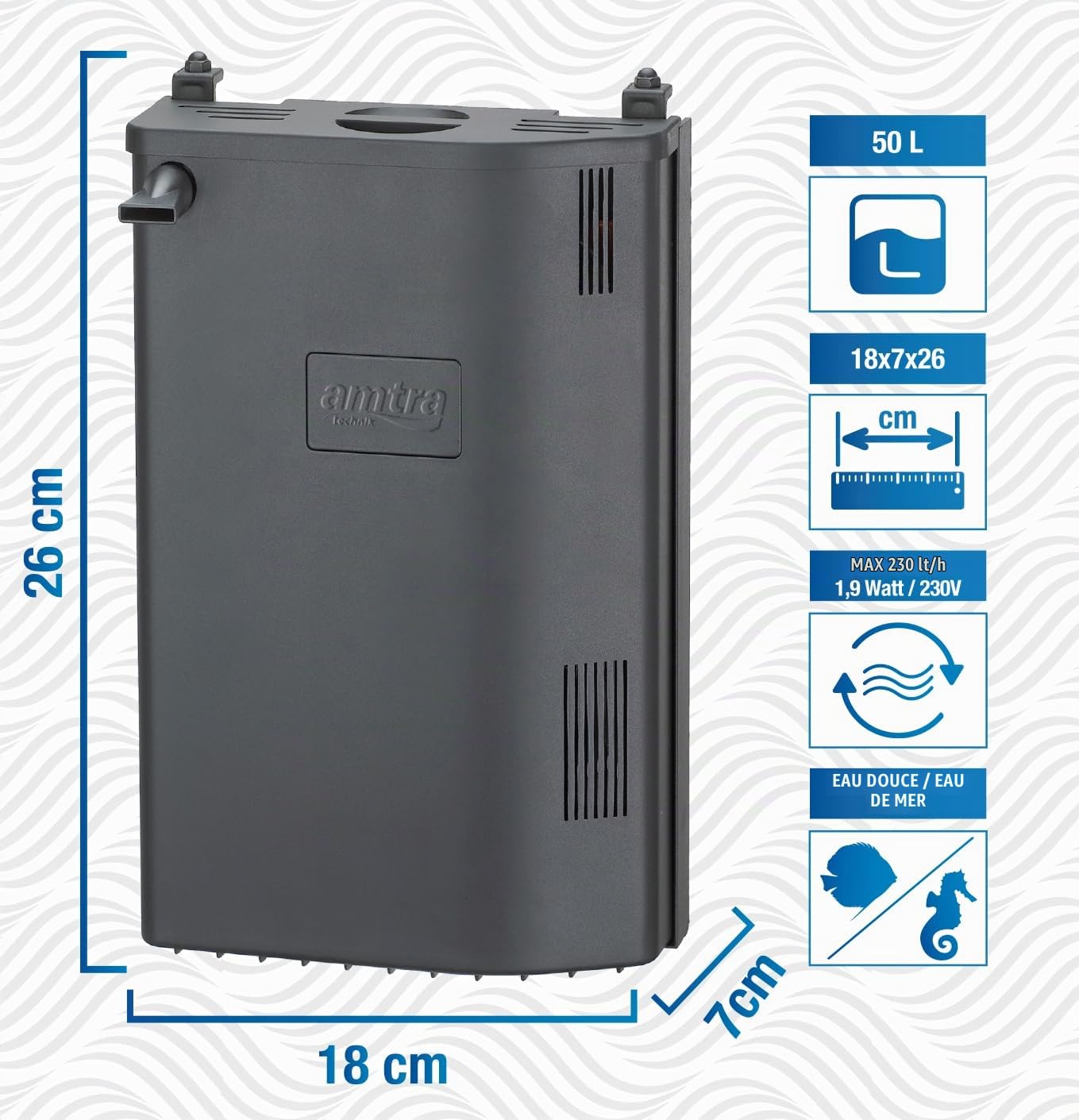 Amtra Filtering Box Black 50 - Filtre d'Aquarium avec Pompe des Recirculation à 230 L/H, 3 Compartiments, Matériaux Filtrants Professionnels - 18 X 7 cm