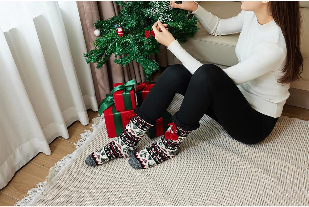 LEMZONE Women's Winter Slipper Socks with Grippers, Warm Cozy Fuzzy Fleece-lined Cabin Socks Christmas Gifts - Image 2