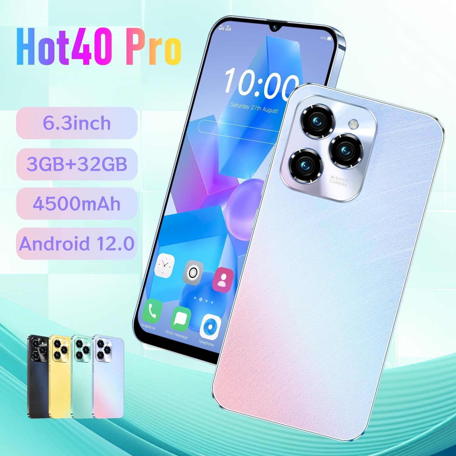 Téléphone Portable 4G, écran HD de 6,3 Pouces, mémoire ROM de 32 Go (Extension jusqu'à 256 Go), système d'exploitation Android 12.0, Smartphone Face ID/GPS/WiFi/OTG/Double SIM (White)
