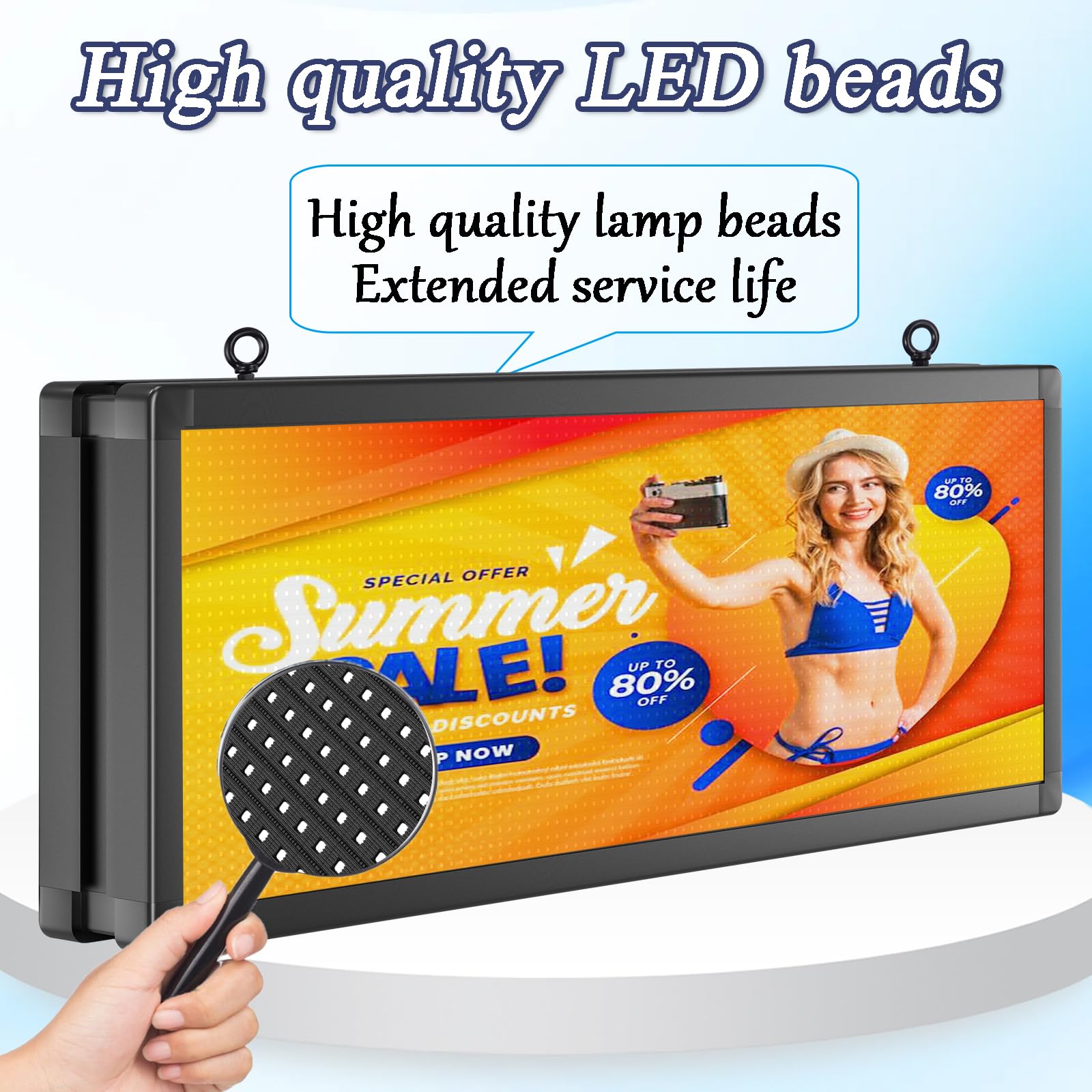 Pantalla LED P10 a todo color al aire libre, doble cara, programable, 39 x 14 pulgadas con control de aplicación WiFi, tablero publicitario impermeable IP65 de alto brillo para ventana