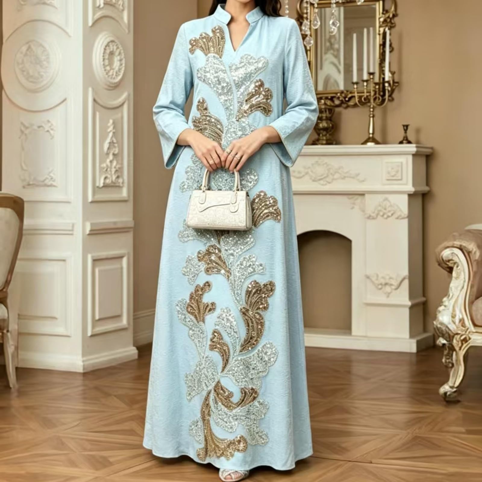 Abito Lungo Goffrato e Testurizzato, con Scollo A V e Ricamo di Paillettes Applicato sul Davanti, per Le Occasioni Festive e Le Feste