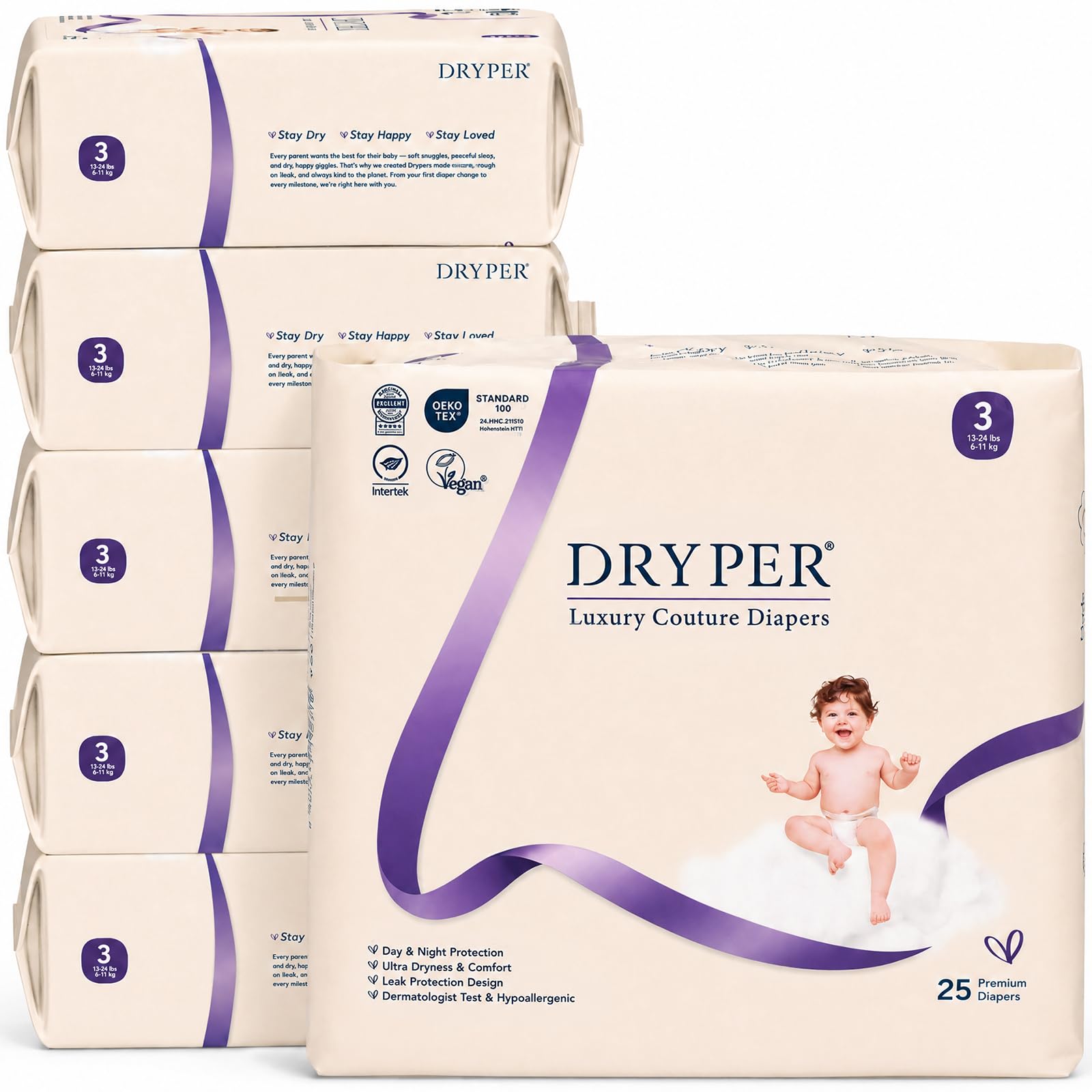 Pieluchy dla niemowląt DRYPER rozmiar 3 (6-11 kg), ultracienkie, miękkie, hipoalergiczne pieluchy dla wrażliwej skóry, wskaźnik wilgotności, 150 sztuk pieluch premium na dzień i na noc