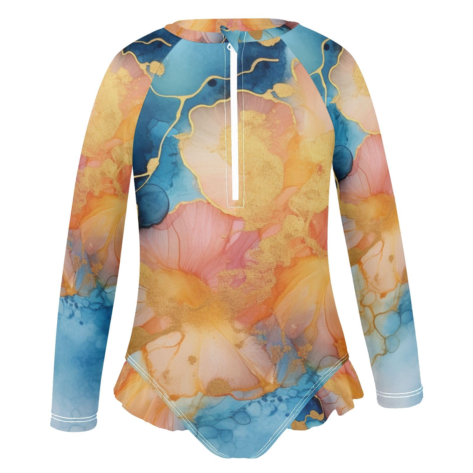 ALAZA Swimsuit for Girls Long Sleeve Rashguard Bathing Suit Orange Marble Blue Quick Dry 4T