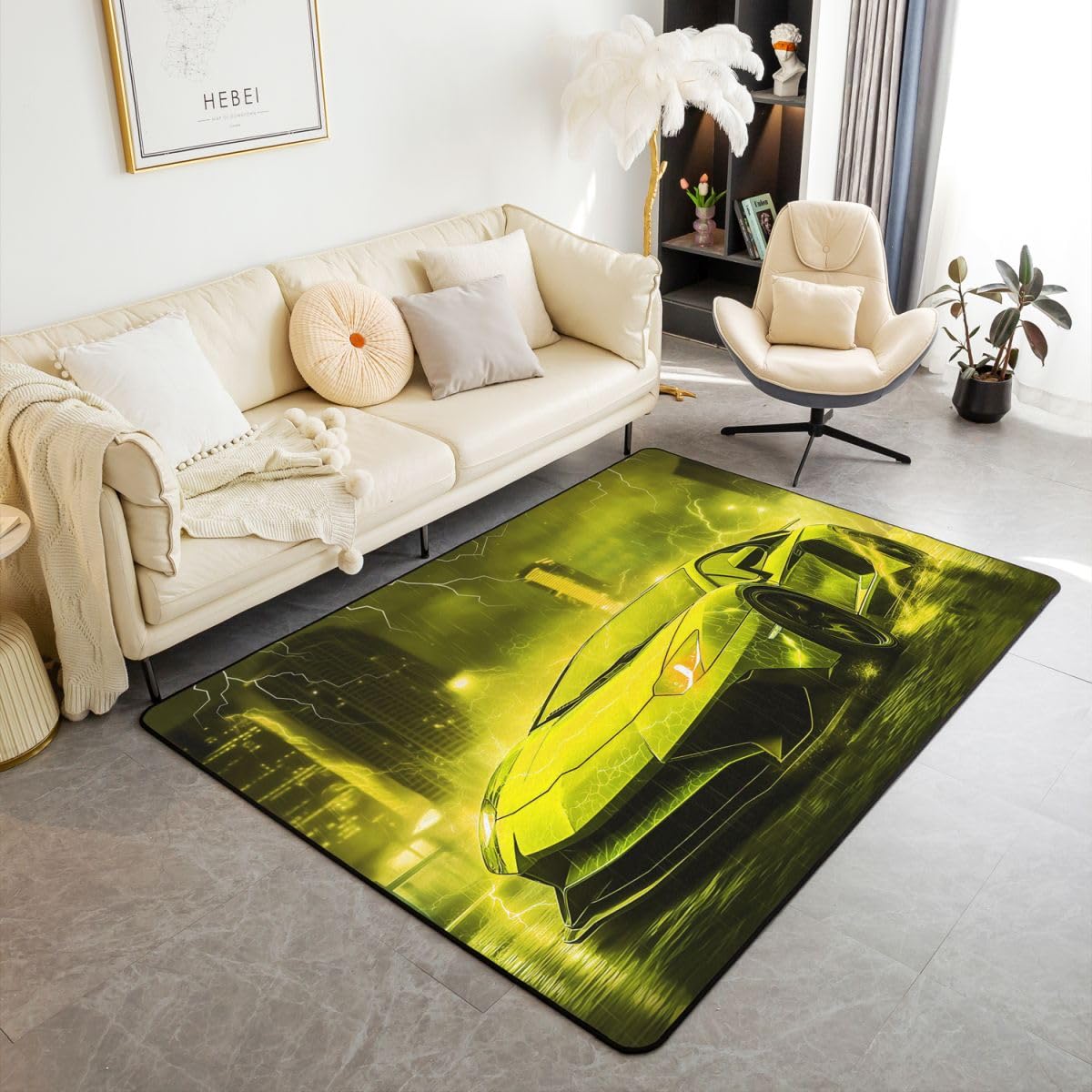 Homewish Dywaniki samochodowe Speed 100 x 150 cm do sypialni salonu - żółty rozjaśniający samochód nowoczesny dywan podłogowy samochód wyścigowy duże dywany sporty ekstremalne gra nie gubi włosia