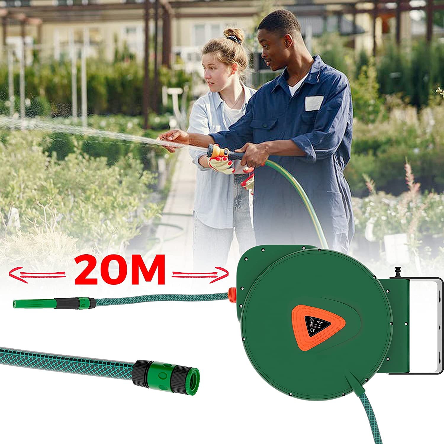 BRICOZONE Avvolgitubo per Acqua con Tubo in PVC Attacco 1/2" da Giardino Fissaggio Parete Muro Blocco Automatico Riavvolgitore Auto Stop Accessorio Esterno Salvaspazio Pressione 24 Bar 20 + 2 M Verde