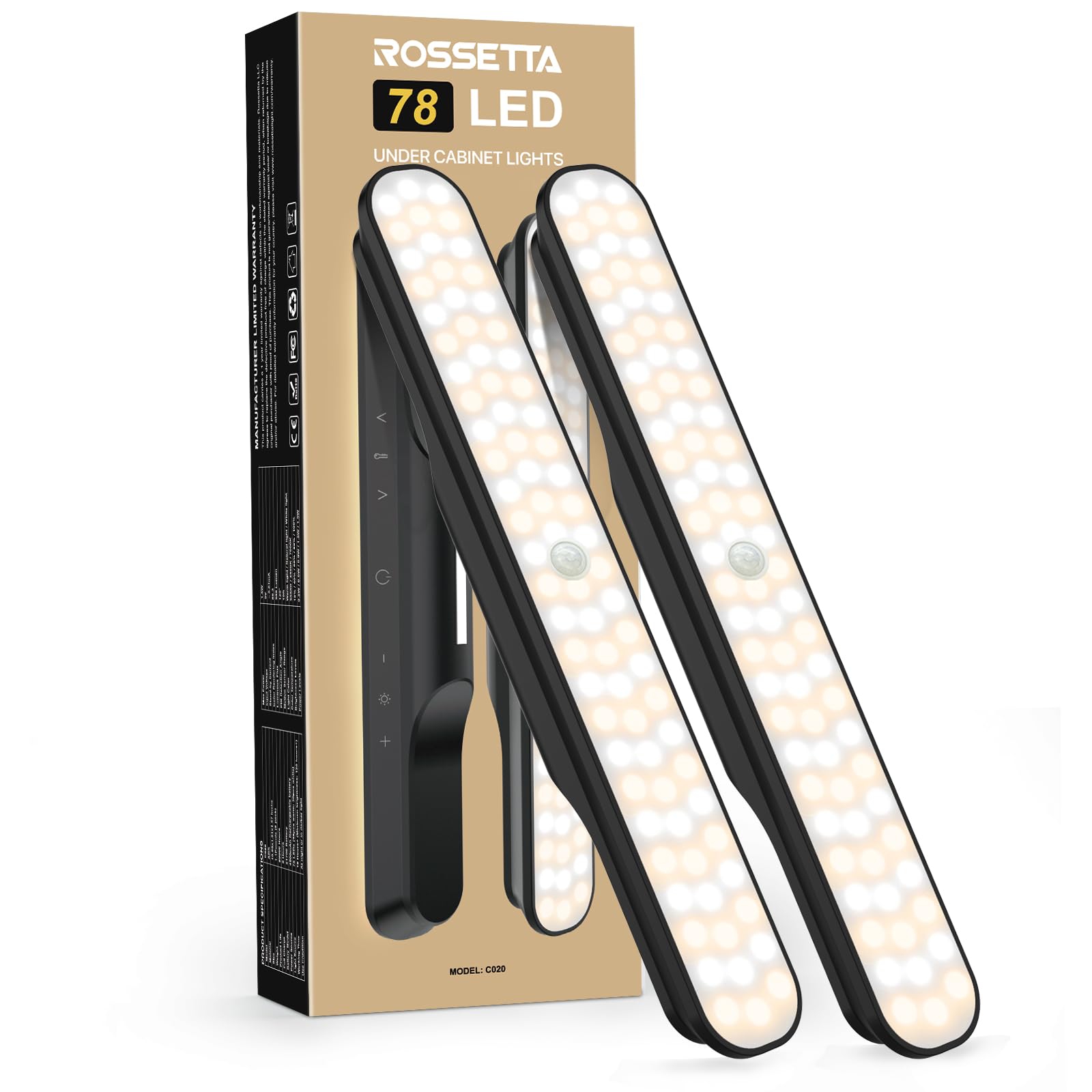 Rossetta Under Cabinet Lights, 78 LED Lights Battery Operated Motion Sensor Light Indoor, Wireless Rechargeable Dimmable Closet Lights Under Cabinet Lighting for Kitchen Closet Stairs Hallway