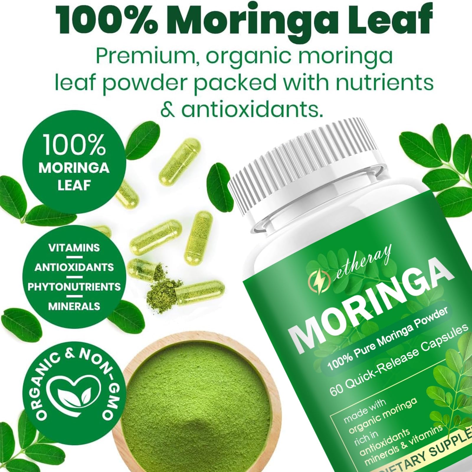 Moringa Capsules, Pure Moringa Powder 800mg per Serving - Rich in Antioxidants Multi Minerals & Vitamins | Green Superfood - Natural & Vegan Supplement - 60 Capsules — Amazon image 7