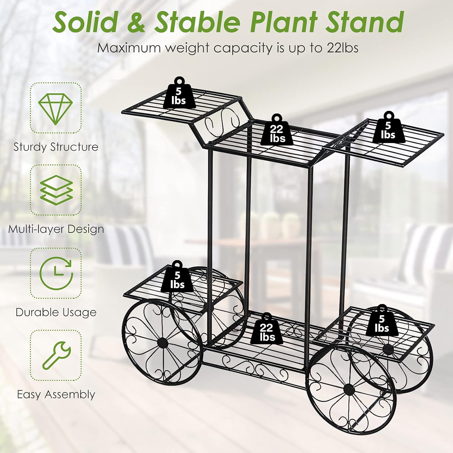 6 Tier Metal Plant Cart, Garden Cart Plant Stand w/ 4 Decorative Wheels, Parisian Style Plant Potted Rack Stand, Multilayer Flower Pot Holder Display Shelf for Home, Garden, Patio, Shop