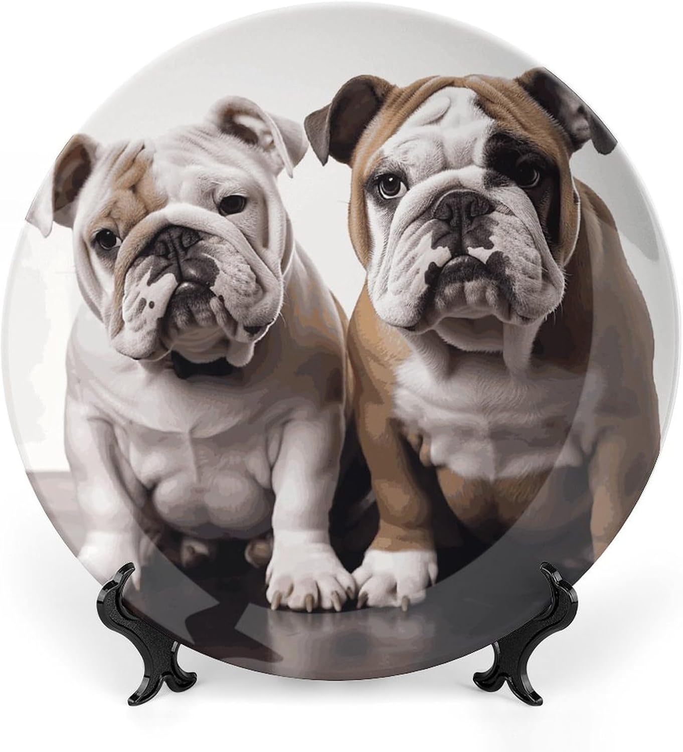 Two Cute Bulldog Dogs Ceramic Plate 10inch Decorative Bone China Wall Hanging Ornament Plates Bohemian Style Dinner Plate with Display Stand Cabinet Display Plates for Home Art Decor