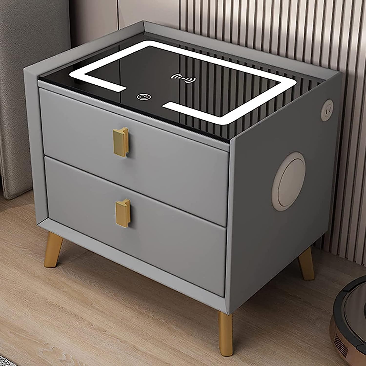 BHGFYXBS Smart Nightstand Smart Bedside Table With Wireless Usb Chargingo With Drawers 3 Color Light And Fingerprint Lock For Bedroom/H,H,D,D