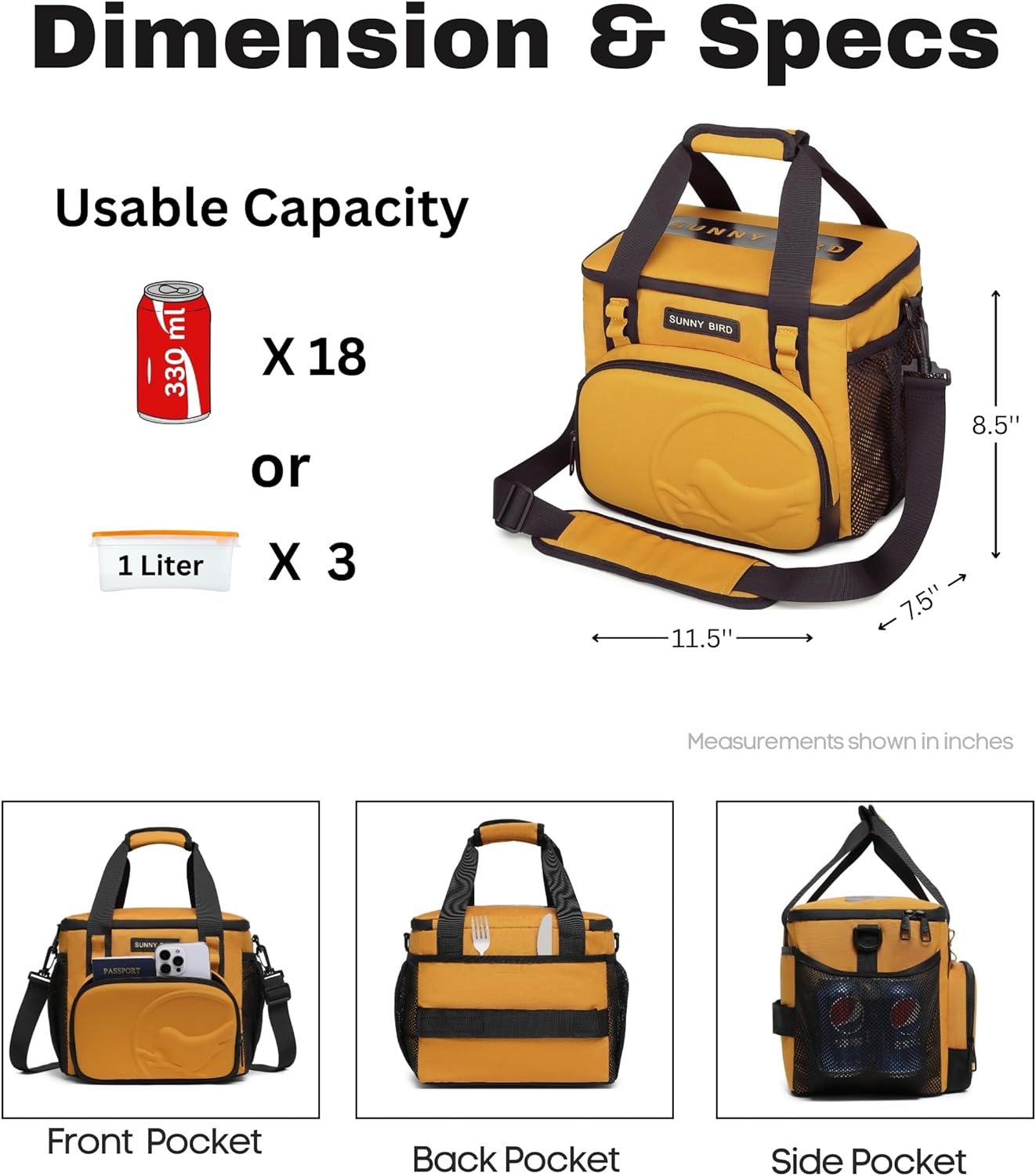 SUNNY BIRD 12L Large Insulated Lunch Bag, Leakproof and Foldable Lunch Cooler Box for Women Adult and Men, Fits 18 Cans (Ochre 01) - Image 3