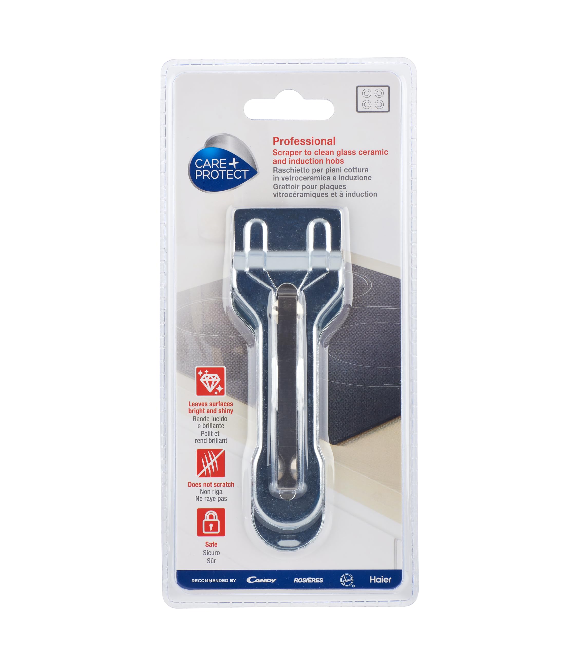 CARE + PROTECT Cleaning Scraper, for Glass, Ceramic, and Induction Hobs, No Scratch, Leaves Surfaces Bright and Shiny, Safe, Blade Replaceable