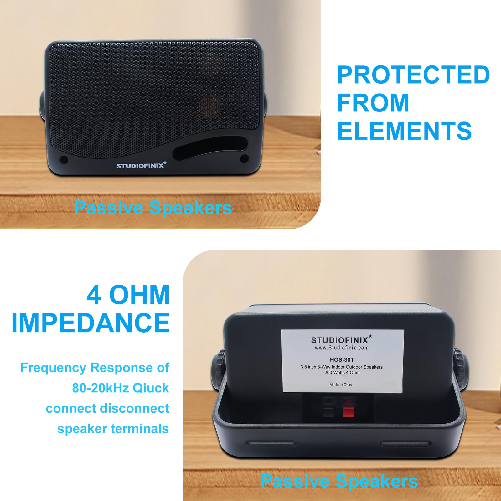 STUDIOFINIX Passive Outdoor Speakers Wired Waterproof -3.5 Inch 3 Way 200W Surface Marine & Wall Mount Speakers, Ideal for Home, Boat, Poolside, Patio, Indoor Outdoor Use（Black