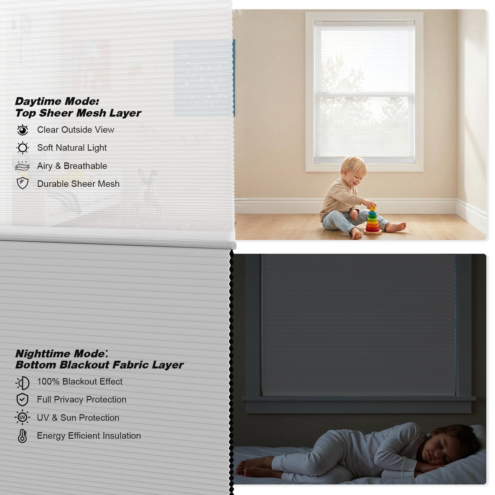2-in-1-Wabenjalousien für Tag und Nacht, schnurlos, doppelte Wabenjalousien, verdunkelnde und lichtdurchlässige Plissee-Akkordeonjalousien für Innenfenster(Hellgrau,96cm W x 180cm H)