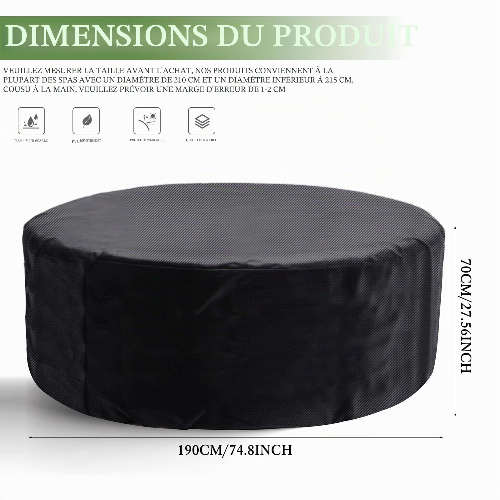 YumSur Couverture ronde pour jacuzzi, 190 x 70 cm, 420D couverture complète, résistante aux UV, imperméable, portable, pour jacuzzis d’extérieur, remplacement idéal pour jacuzzi 4 personnes