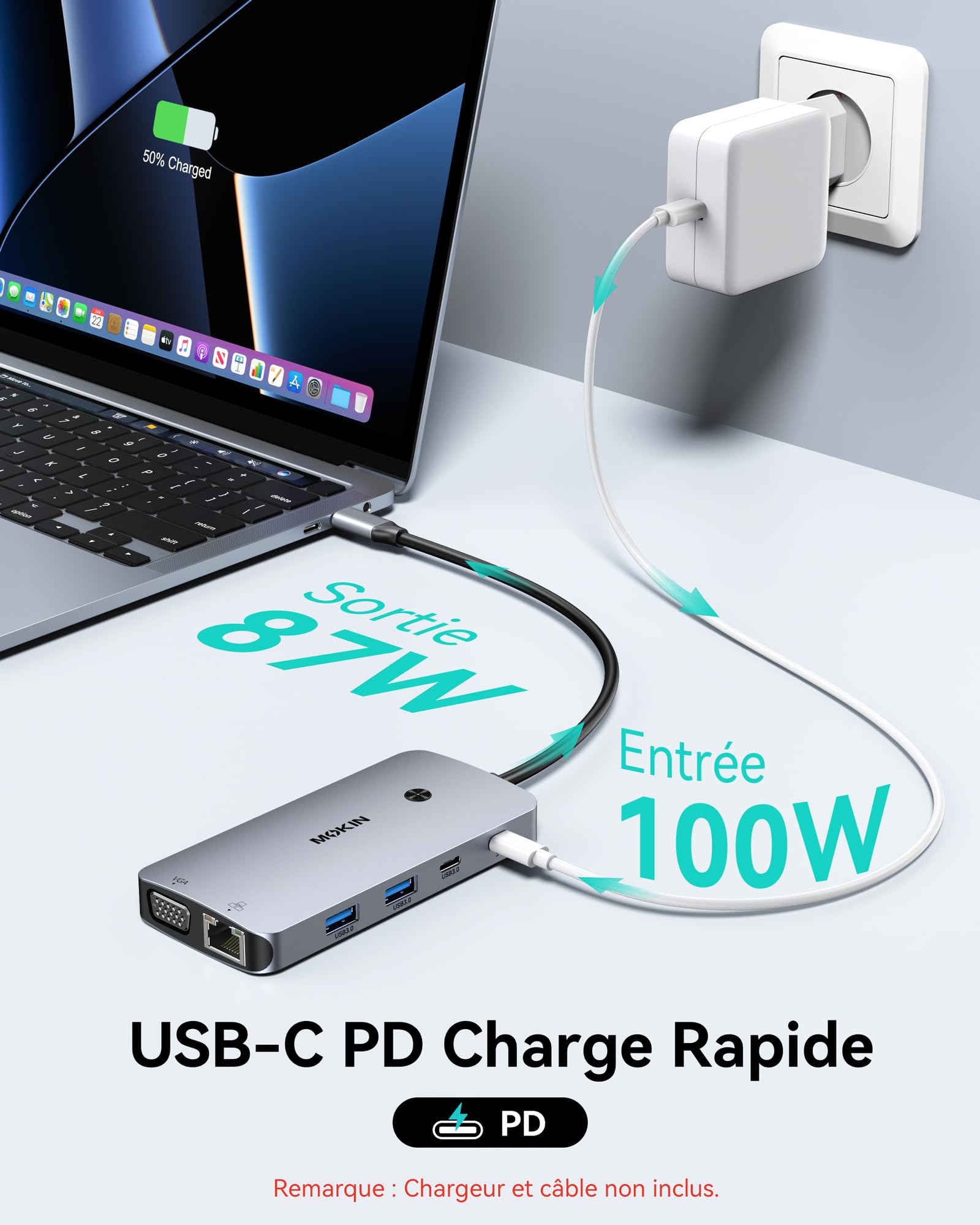 MOKiN Station d'accueil USB C Triple Écran 9 en 1 Dock USB C Double HDMI 4K DisplayPort VGA PD 100W Ethernet Gigabit USB A/C 3.0