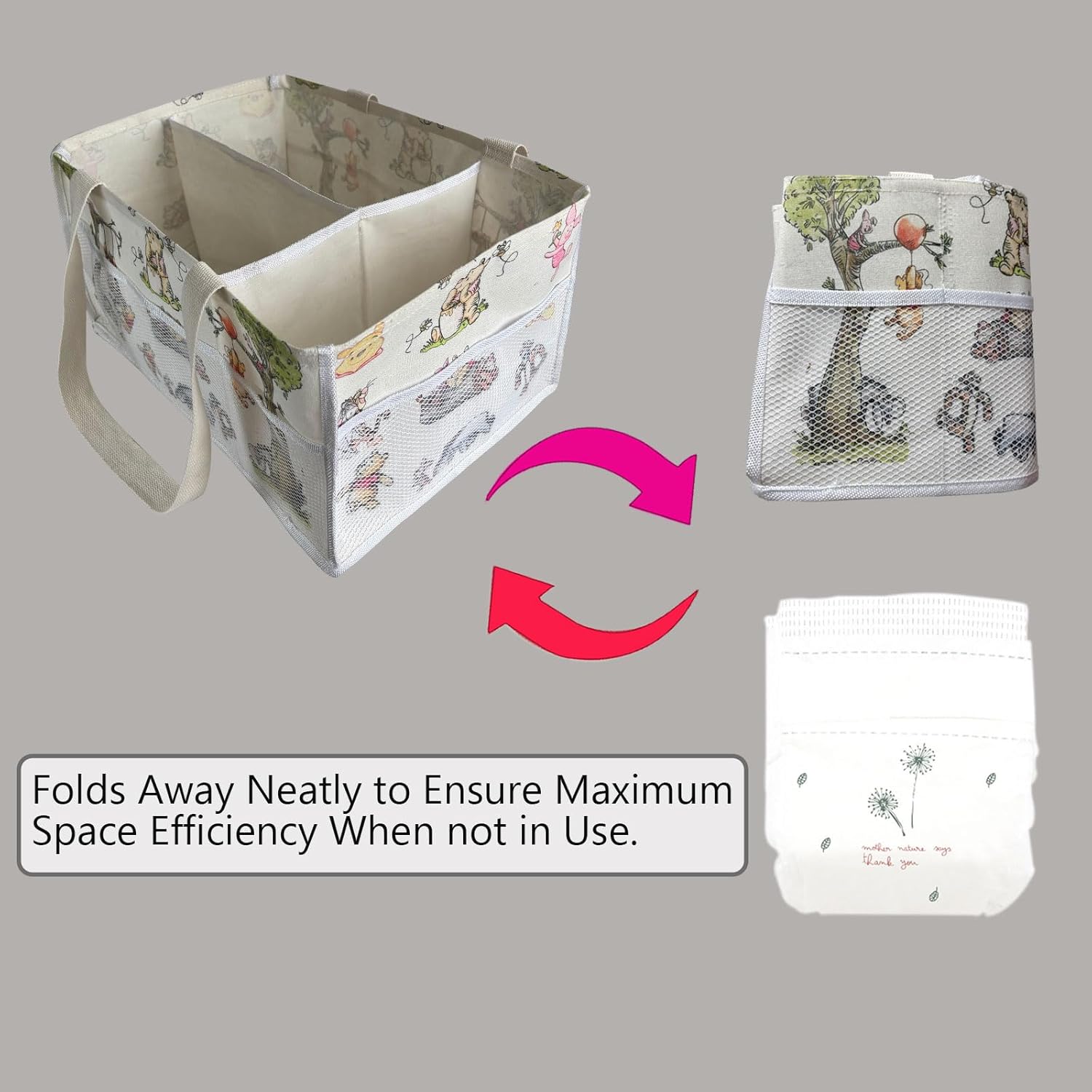 Extra Large Winnie Baby Diaper Caddy Organizer, Baby Wipes Storage Basket for Changing Table, Gift for Newborn Essentials, Baby Shower Must Have, Portable and Foldable for Space Saving (White)