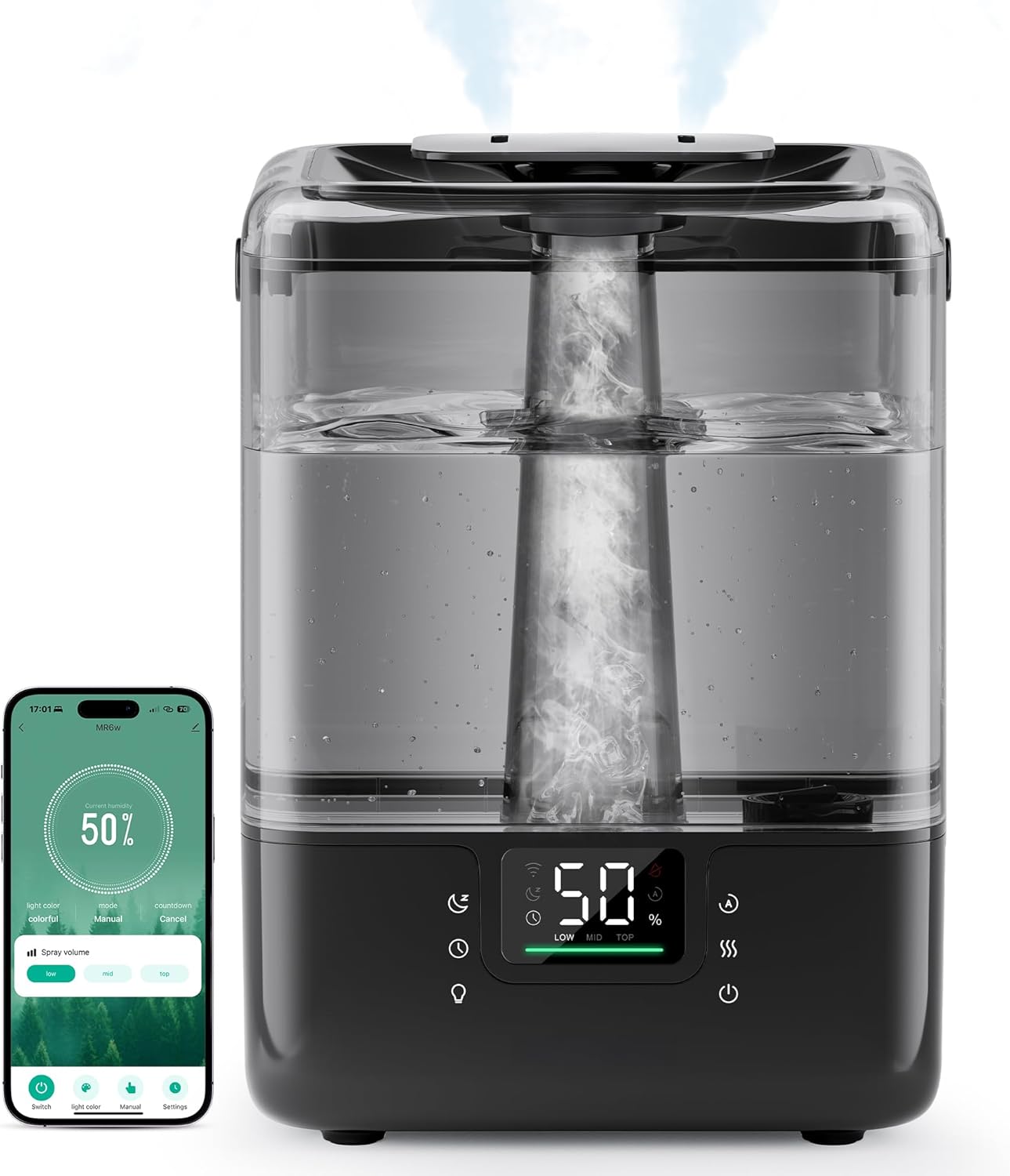 Smart Humidifiers for Bedroom Home, 6L Cool Mist Top Fill Humidifier Large Room with Essential Oil Diffuser, Touch/APP/Voice Control, NightLight Humidifiers for Nursery & Plants (Black, 1Pack)