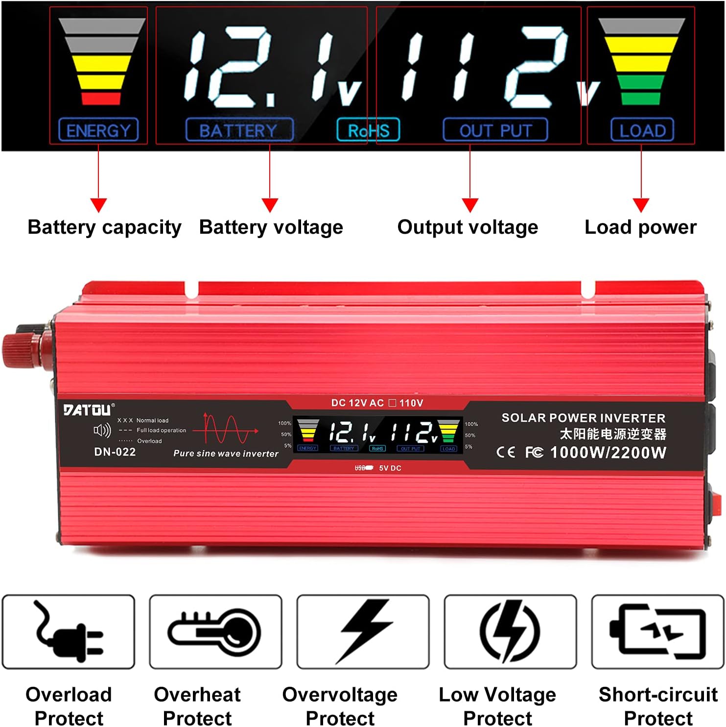Pure Sine Wave Power Inverter 1000W Peak 2200W Converter DC 12V to AC 110V 120V with LCD Color Display & USB Charging Port & 2 AC Outlets for RV Home Solar System Professional-Grade Voltage Converter : Automotive